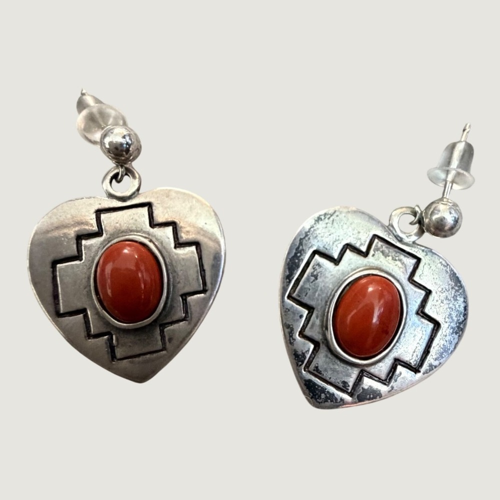 Carolyn Pollack Heart Earrings Southwestern Sterling Silver Red Stone Drop 90s